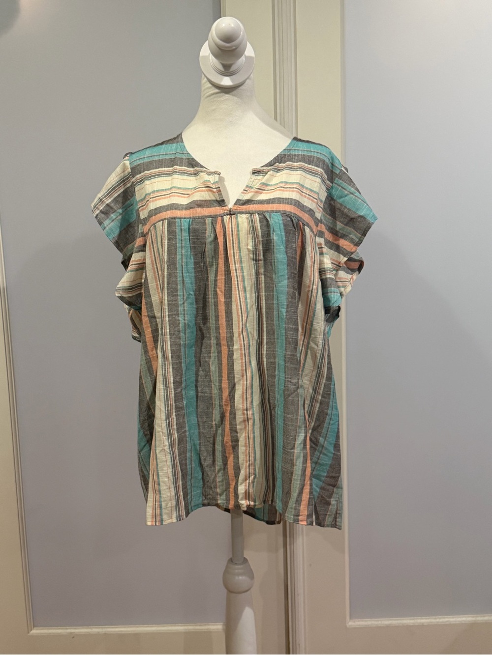 Knox Rose Striped Short-Sleeve Peasant Top in Teal, Cream, and Brown